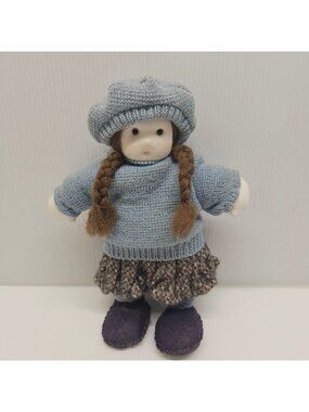 Waldorf Style Handmade Cloth Doll Girl with Sweater Hat and Braids 8.5 Inches
